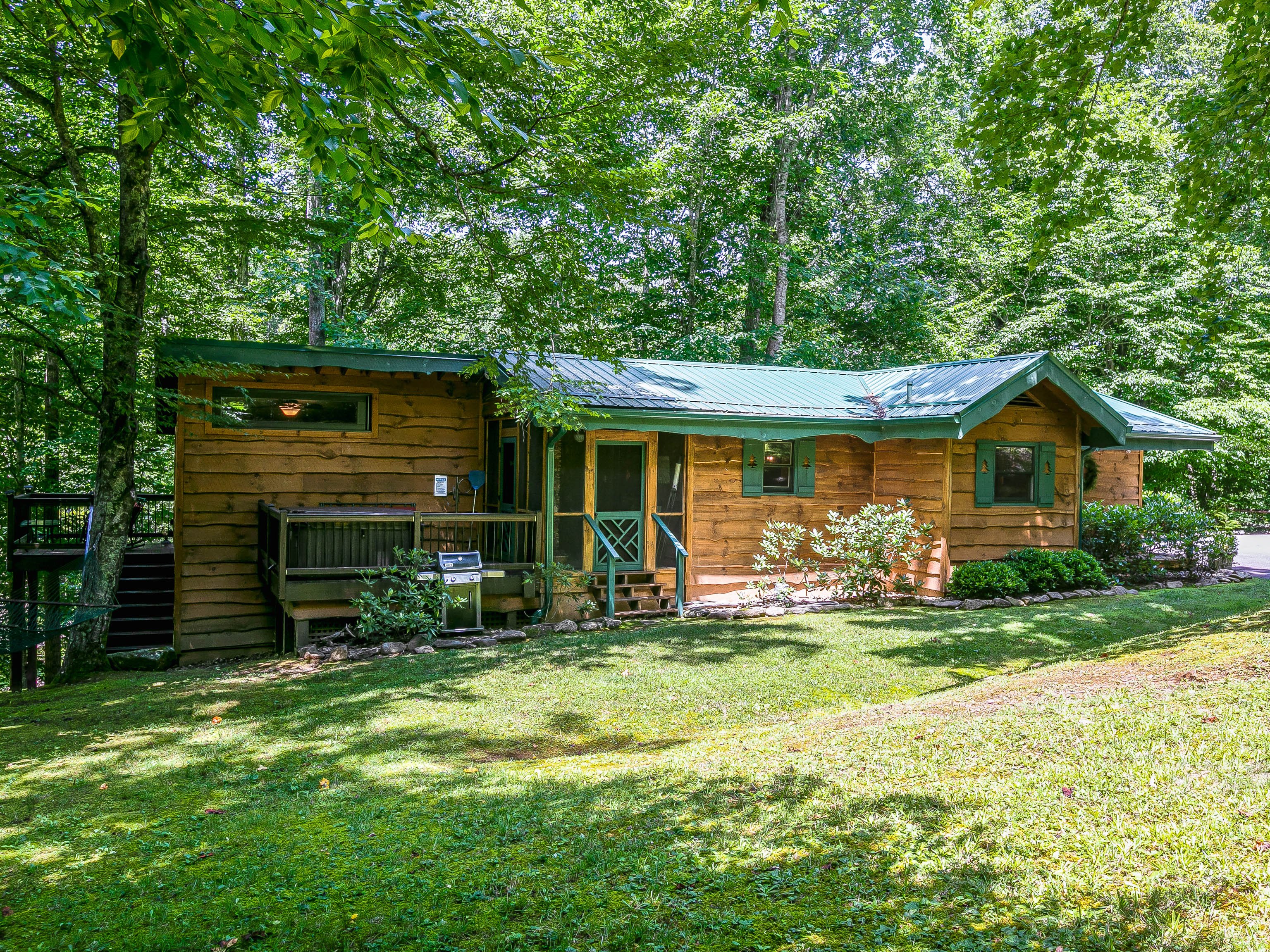 Cabin exterior and driveway framed by trees